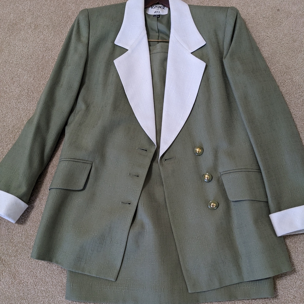 Green and White Blazer with Skirt Set